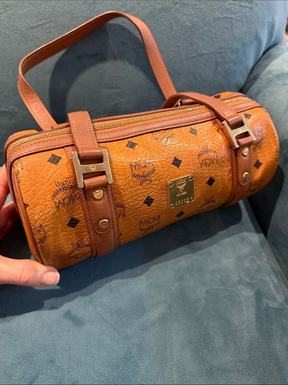 MCM Cognac Visetos Barrel Bag with Gold Hardware